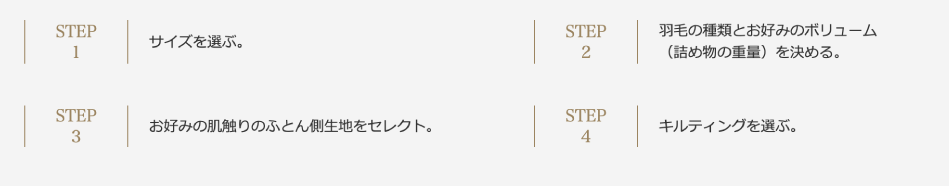 step1 サイズを選ぶ step2 羽毛の種類とお好みのボリューム(詰め物の重量)を決める step3 お好みの肌触りのふとん側生地をセレクト step4 キルティングを選ぶ